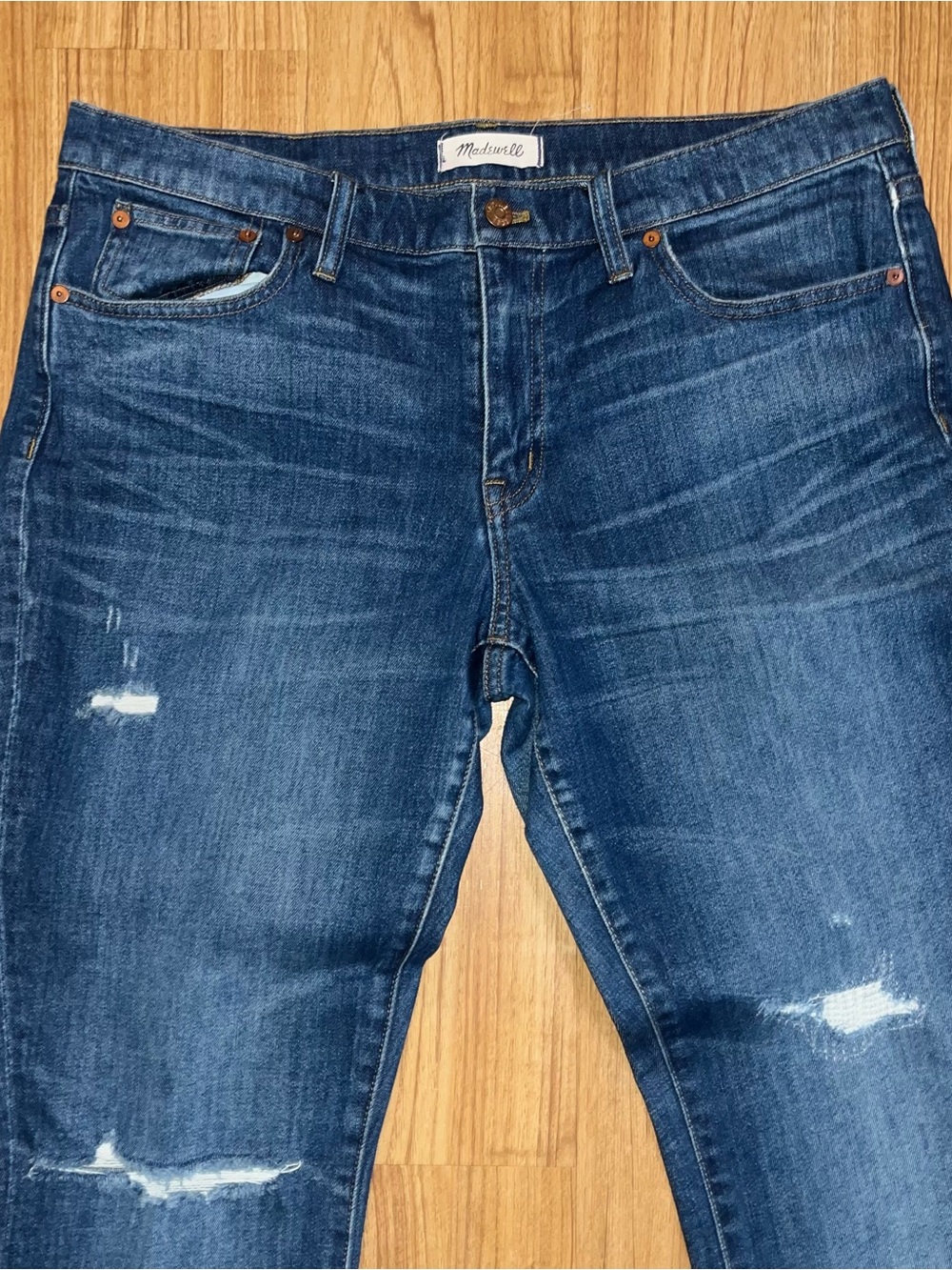 Madewell womens Distressed Dark Blue Slim-Straight Jeans